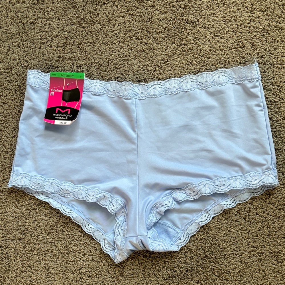 New Maidenform White Lace-Trim blue Boyshorts Panty sz L
